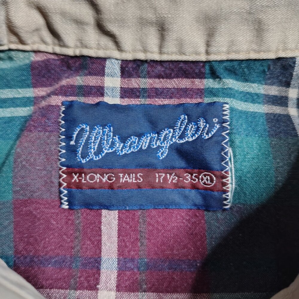 Vintage Wrangler Shirt Mens Long Tail Western Pearl Snap Brushpopper Patchwork - Picture 2 of 13